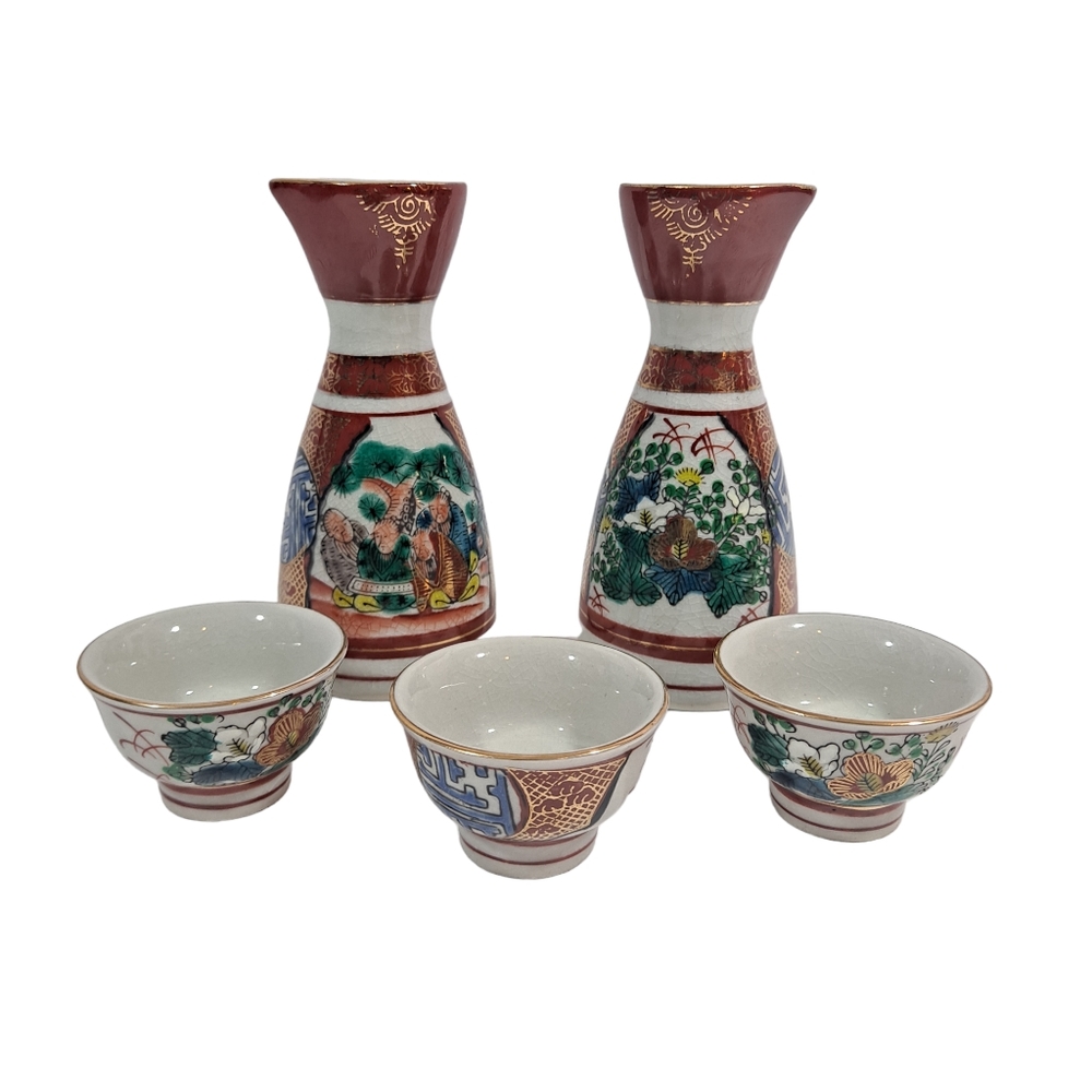 Vintage Japanese Kutani Sake Servers & Sake Bowls Set Of 5 Red Gold Floral